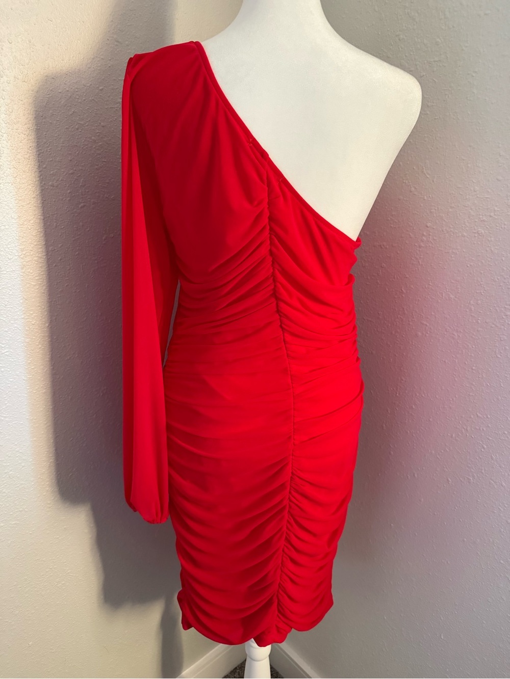BTFBM Red One Shoulder Ruched Bodycon Dress Long Sleeve Size Large - Picture 3 of 6